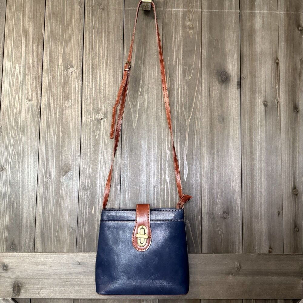 Vintage Italian Leather Crossbody Saddle Bag Purse Navy Blue Cognac Vera Pella